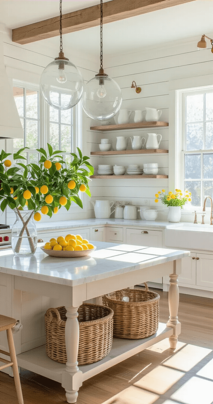 A bright and airy farmhouse kitchen featuring white shiplap walls, honey-toned hardwood floors, and a marble-topped island with turned legs, illuminated by three clear glass globe pendant lights. Lemon trees in woven baskets decorate the farmhouse sink under a large picture window, while open shelving displays white pitchers and bowls, creating a fresh and elegant atmosphere.