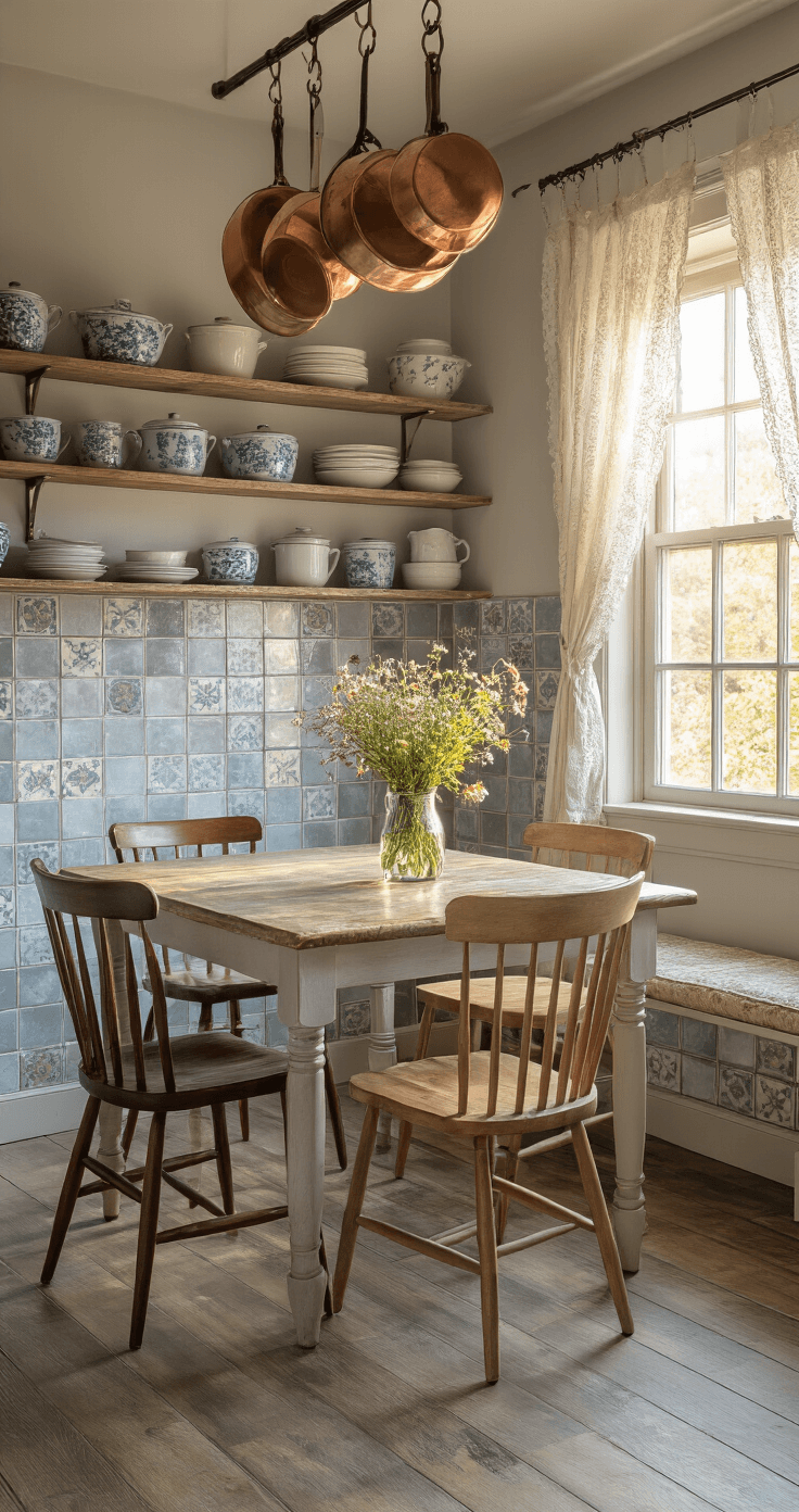 A cozy farmhouse kitchen corner bathed in golden hour light, showcasing distressed gray tiles, a farmhouse table with wildflowers, vintage enamelware on open shelves, and warm copper pots hanging above, all captured from a low angle to highlight the textures and inviting atmosphere.