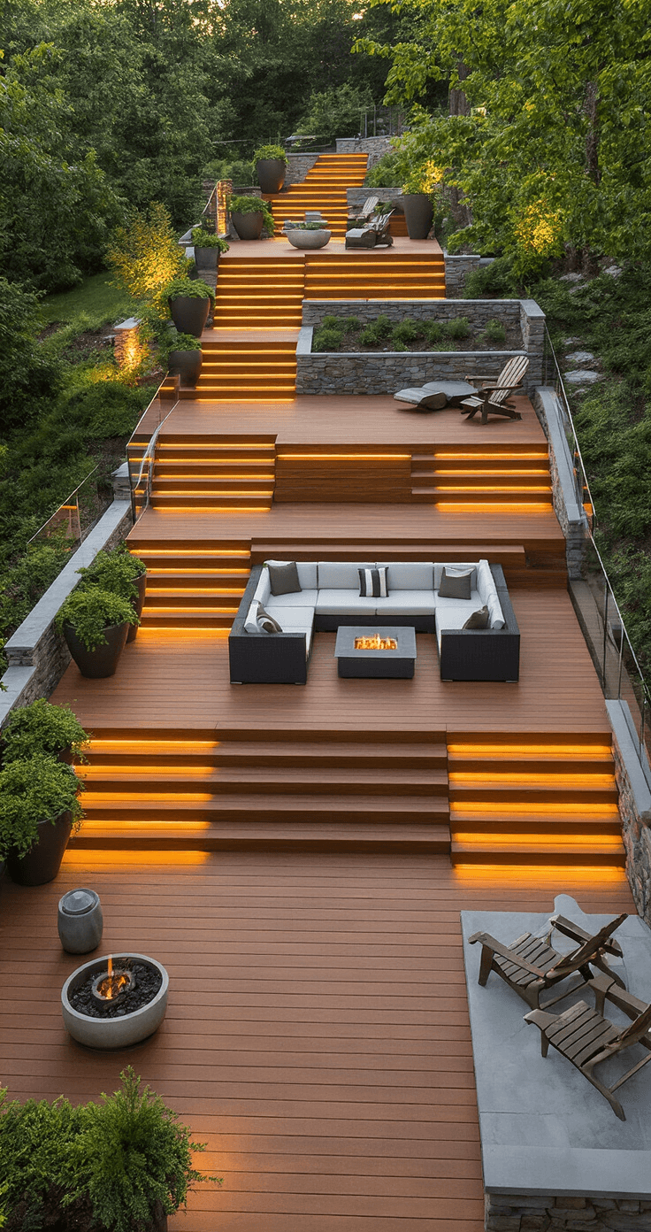 A multi-level deck with warm cedar composite wood, connected by floating stairs, features a plush outdoor sectional and fire pit surrounded by planters, all illuminated by integrated LED lighting; mature trees frame the scene at golden hour, creating a luxurious outdoor atmosphere.