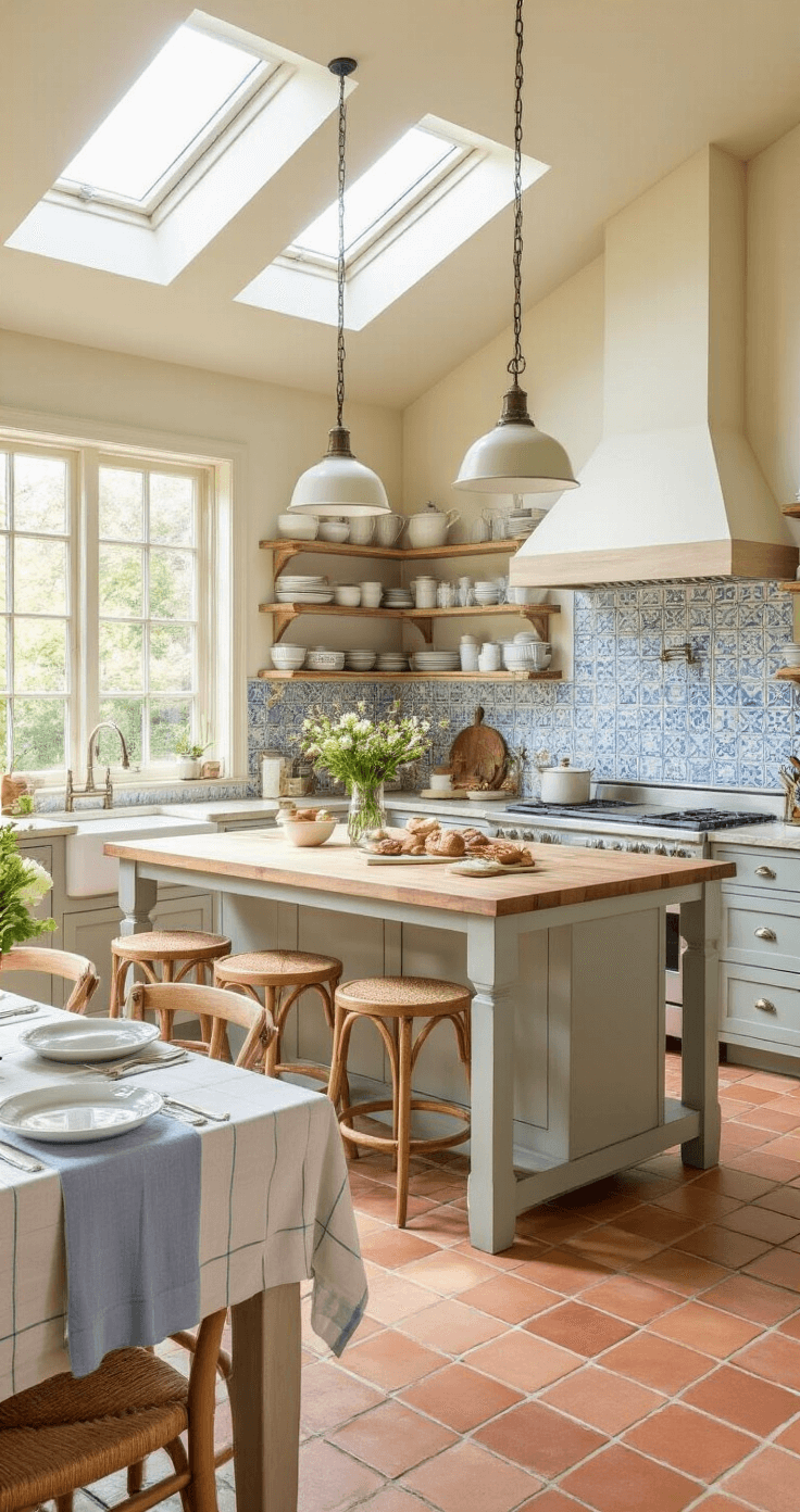 A sunlit farmhouse kitchen featuring a central butcher block island, bentwood stools, and a mix of encaustic-look tiles. Open shelving displays kitchenware, with a farmhouse table set for brunch by the window, surrounded by soft blues, warm terracotta, and creamy whites.