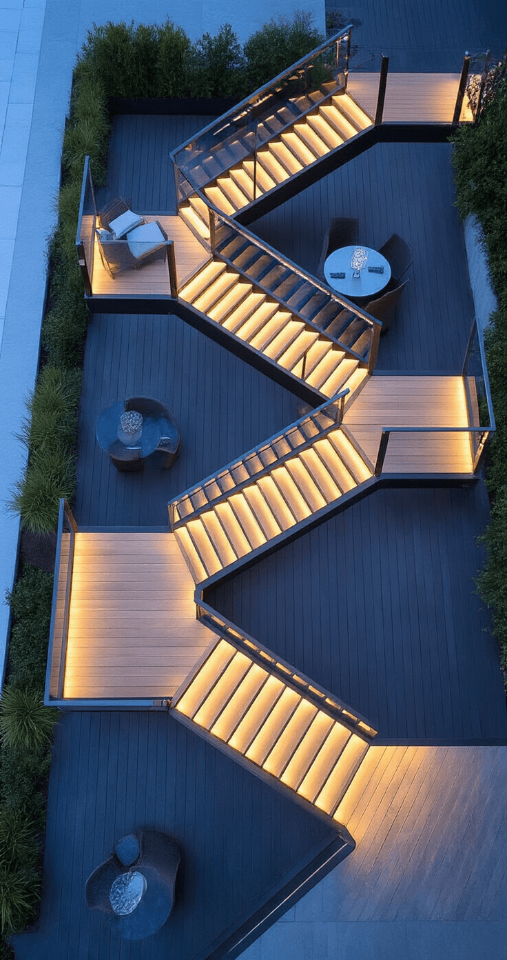 A dramatic twilight scene showcasing a steep multi-level deck with three illuminated platforms connected by a zigzag staircase, featuring dark graphite composite decking, warm LED lighting, glass wind barriers, and integrated planter boxes with ornamental grasses and jasmine, captured at blue hour to highlight the architectural elements.