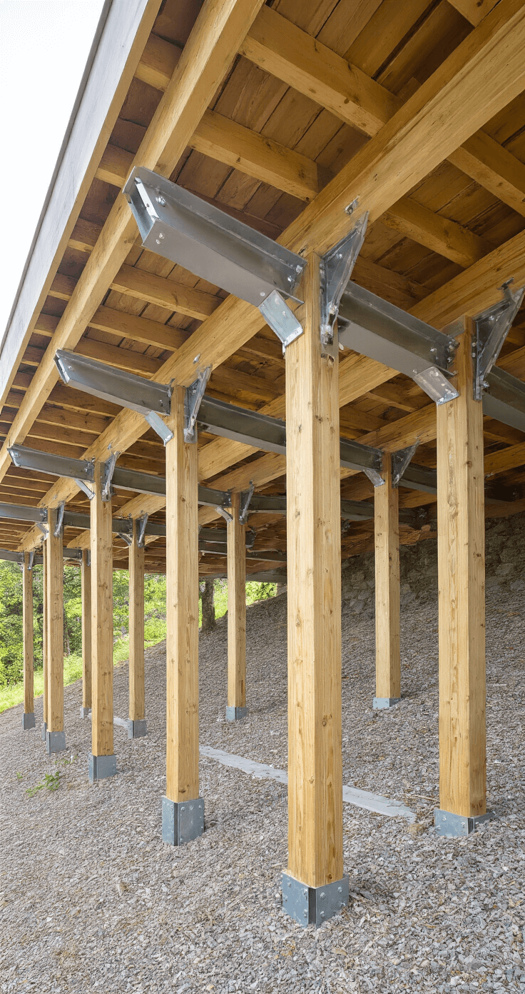 Morning light illuminating a detailed architectural study of a robust post support system beneath an elevated deck on a steep slope, featuring exposed pressure-treated timber, galvanized hardware, hurricane ties, cross-bracing, and a natural stone drainage system, captured from a 45-degree angle with a wide-angle lens.