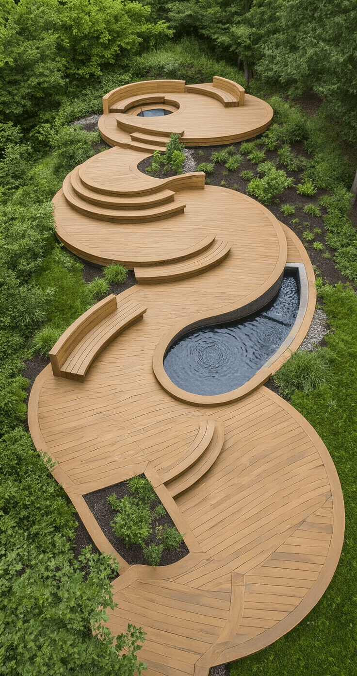 Overhead drone shot of a multi-level garden deck designed with honey-toned composite decking, featuring curved benches, a central water feature, integrated lighting, and native plantings, all harmonizing with the natural slope of the garden.