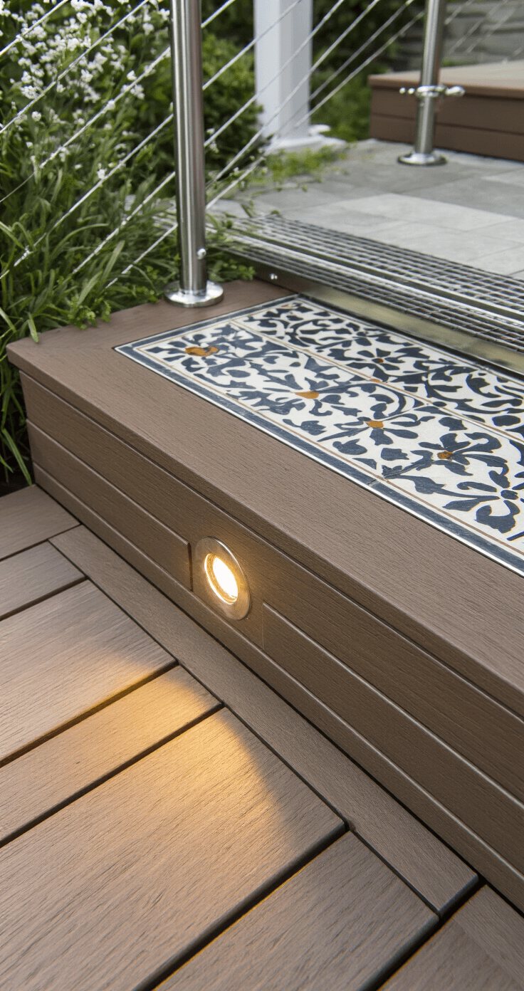 Close-up of premium composite decking meeting decorative tile inlay, featuring custom stainless steel railings, hidden fasteners, and built-in LED lights, capturing rich textures and details in soft afternoon light.