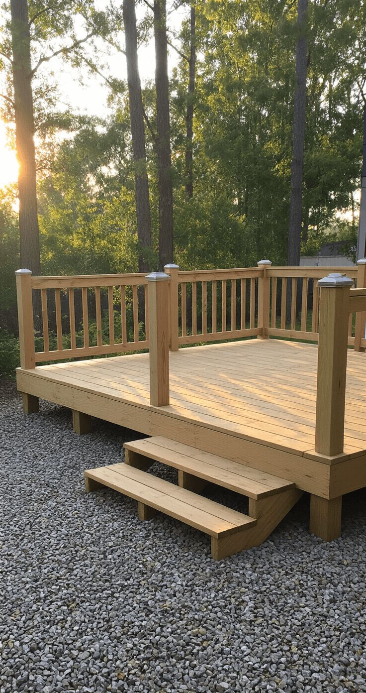 A budget-friendly single-level deck made of treated pine, elevated 4 feet, with a 16x20 feet rectangular design. The image captures the deck during golden hour, showcasing DIY-friendly construction, vertical storage beneath, basic pressure-treated railings with solar post caps, and a visible gravel drainage system. The shot highlights clean lines and practical functionality.