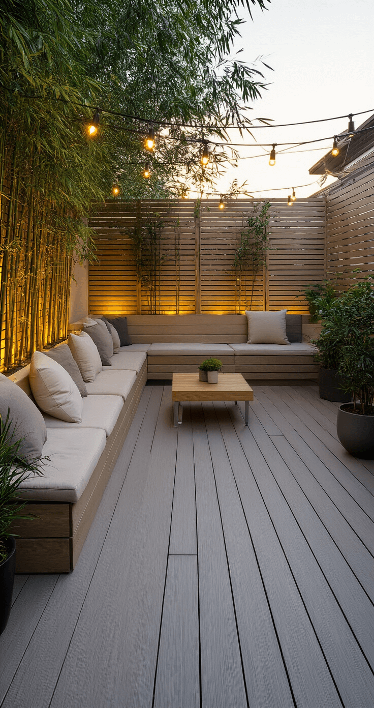 A modern urban garden deck at golden hour featuring light ash gray composite decking, semi-transparent privacy screens, an L-shaped bench with cream cushions, potted bamboo, and string lights, captured from a 45-degree angle in warm natural lighting.
