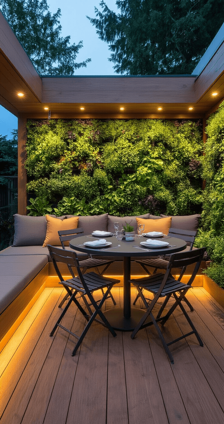 Intimate 10x12ft deck at dusk featuring a compact round powder-coated aluminum dining table with four folding chairs, rich walnut composite decking, integrated LED floor lighting, and a vertical garden wall filled with cascading herbs, shot from a standing height with a slight downward tilt.