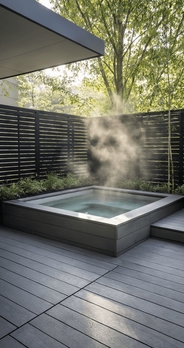 A tranquil zen-inspired deck corner featuring a built-in Japanese soaking tub surrounded by silvered gray composite decking, with steam rising in the morning light. Black bamboo in contemporary planters creates minimalist screening, while a small water feature adds gentle sound. The decking pattern guides the eye towards the focal point, with natural materials and soft diffused lighting enhancing the serene atmosphere.