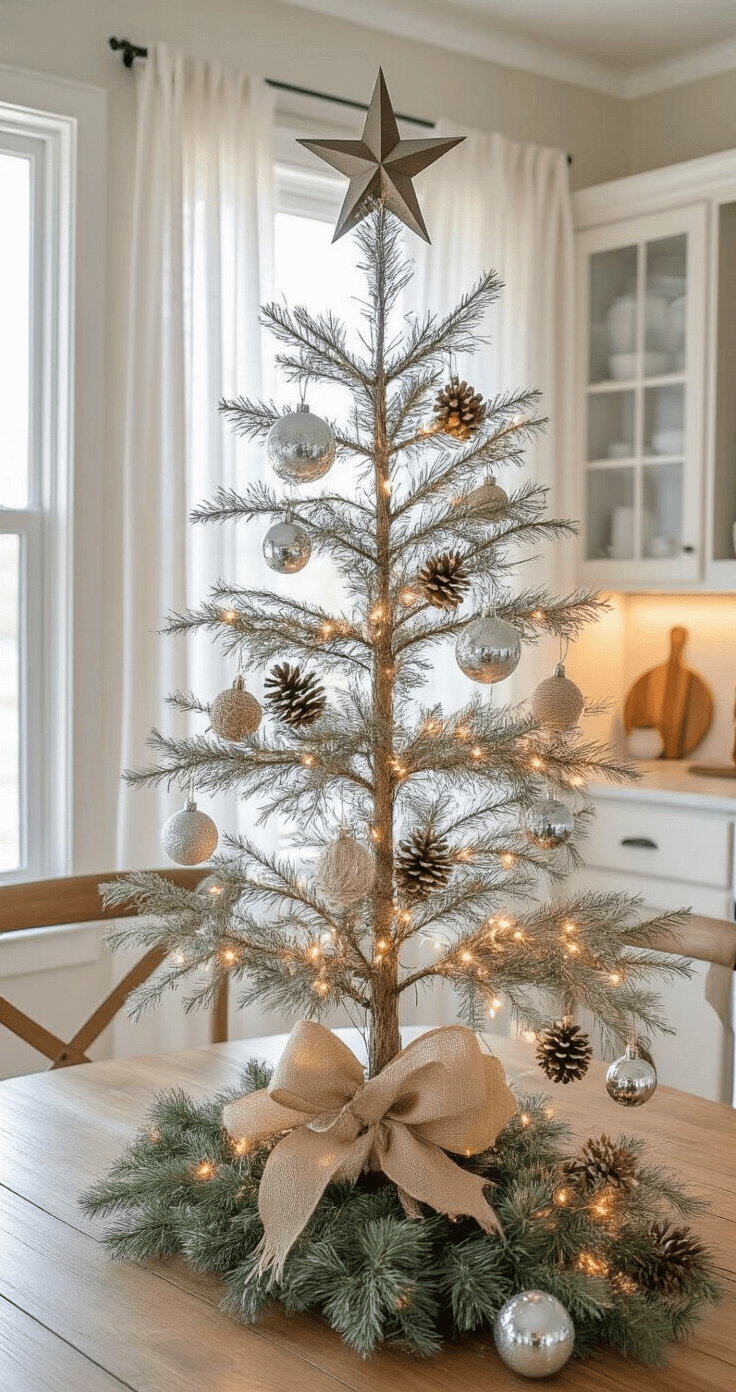 An open-concept kitchen and dining area featuring modern farmhouse styling, with early morning light illuminating a 6-foot artificial tree decorated in a nature-inspired theme, glass and mercury glass baubles, and a rustic wooden star. The space includes a kitchen island adorned with a fresh garland and fairy lights, and a beautifully set dining table with a matching runner and pillar candles.