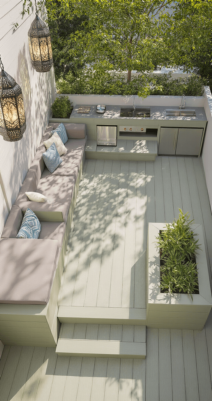 A twilight view of a 14x14ft deck featuring a lounge area with modular seating, a compact outdoor kitchen, and a meditation corner, all on light sage green composite decking with contrasting border detail. Moroccan lanterns create intricate shadow patterns, while raised planters visibly define zones without clutter. The image showcases long exposure lighting that balances ambient light and multiple light temperatures.