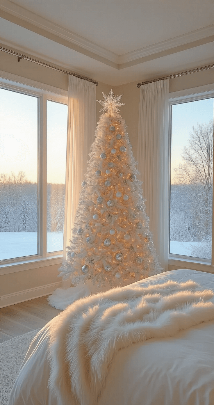 Luxurious master bedroom with tray ceilings and floor-to-ceiling windows showcasing a snowy landscape at sunset, featuring a decorated flocked pencil tree in the corner, a king-size bed with white linens and metallic accents, and mirrored nightstands with holiday decor, all bathed in warm golden hour lighting.