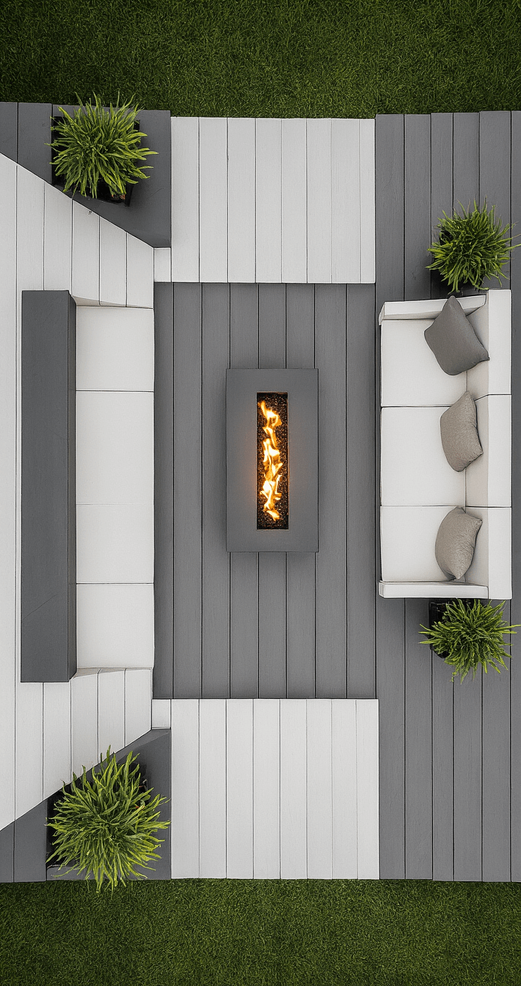 Overhead view of a contemporary deck featuring a geometric pattern made from two-tone composite decking in chalk white and graphite, highlighting a central built-in fire pit surrounded by modern lounge seating and illuminated pot plants at the corners, showcasing strong lines, angles, and dramatic shadows.