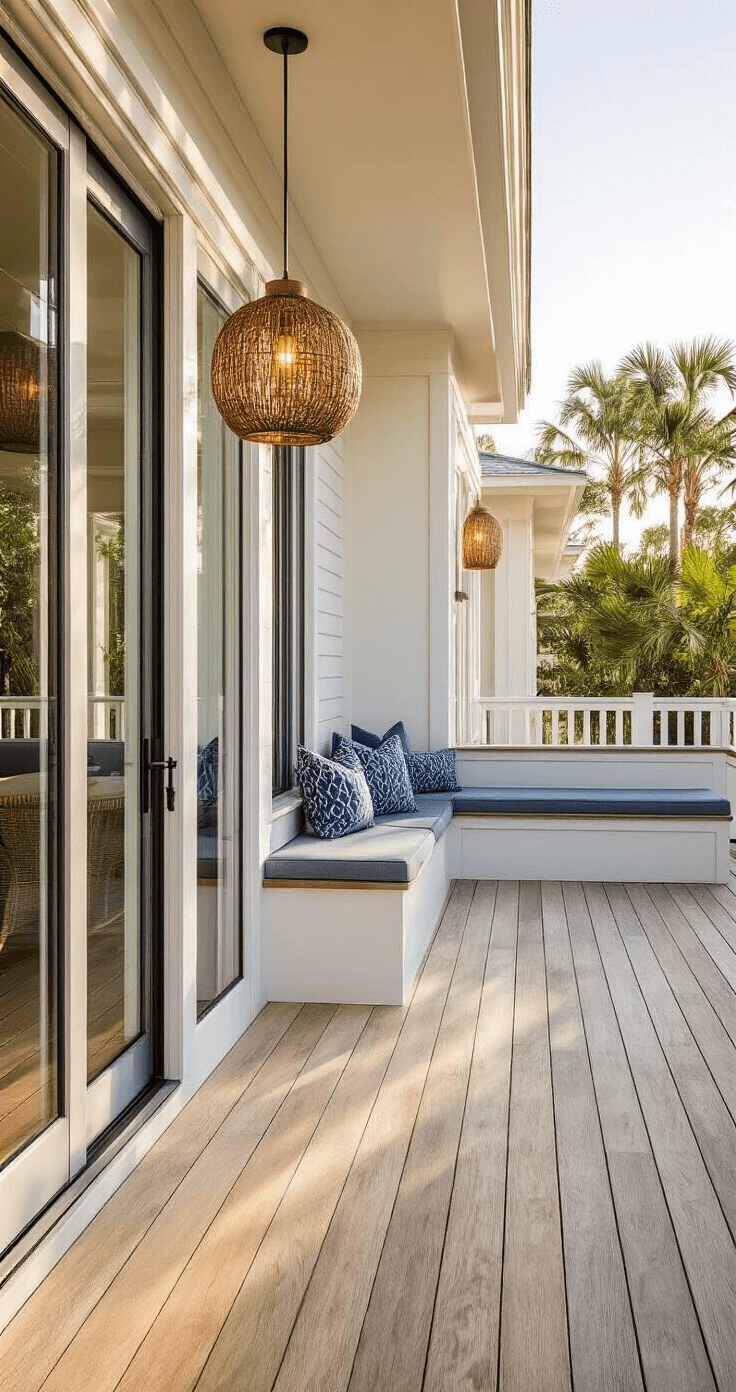 A sunlit entertainment deck featuring bleached teak flooring, integrated bench seating with storage, and sliding glass doors connecting indoor and outdoor spaces. The scene showcases coastal styling with navy and white accents, illuminated by a statement outdoor pendant light during golden hour, with a subtle lens flare.