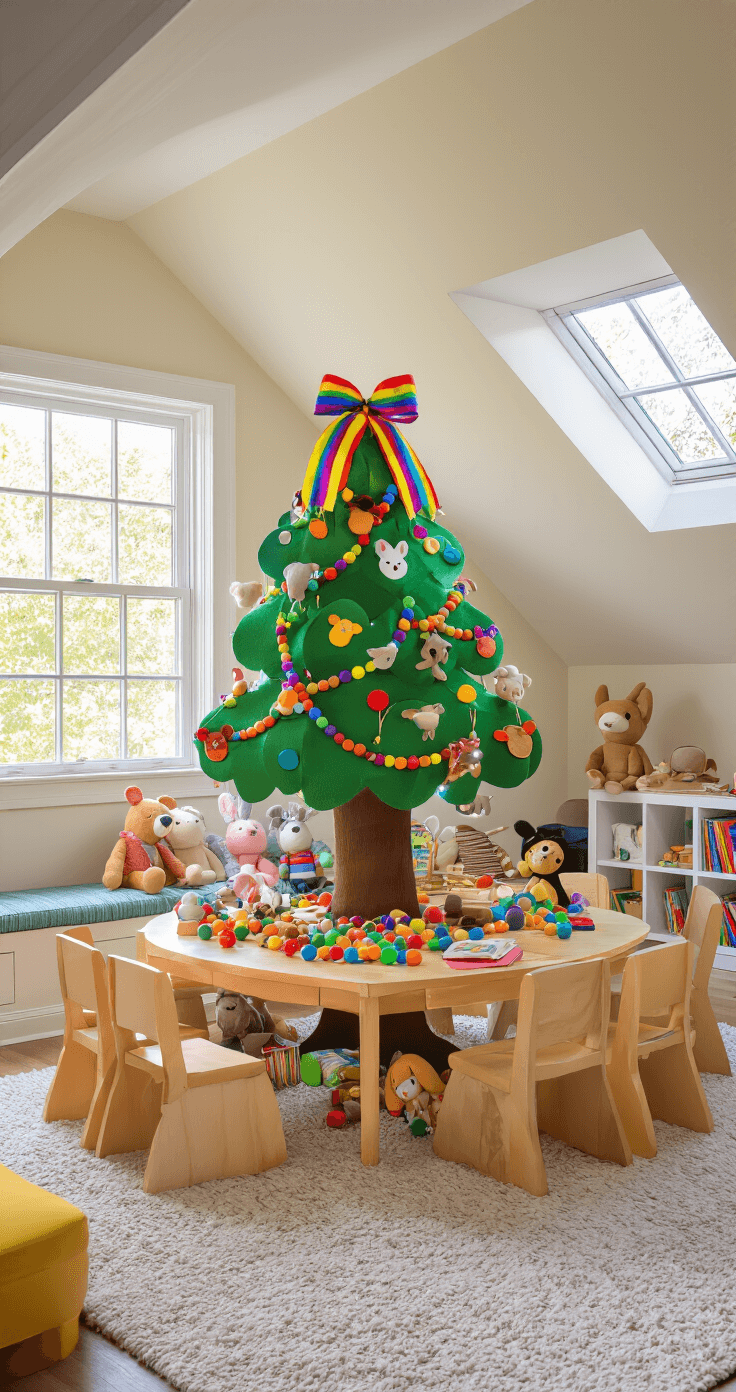 A vibrant children's playroom with sloped ceilings and dormer windows, featuring a colorful tabletop tree decorated with lights and ornaments. Cheerful sunlight fills the room, highlighting toys and stuffed animals around the tree. A cozy reading nook with bean bag chairs and a play tent is visible, alongside alphabet posters and children's artwork on the walls. The image is captured from a child's eye level, emphasizing the whimsical decor and playful atmosphere.