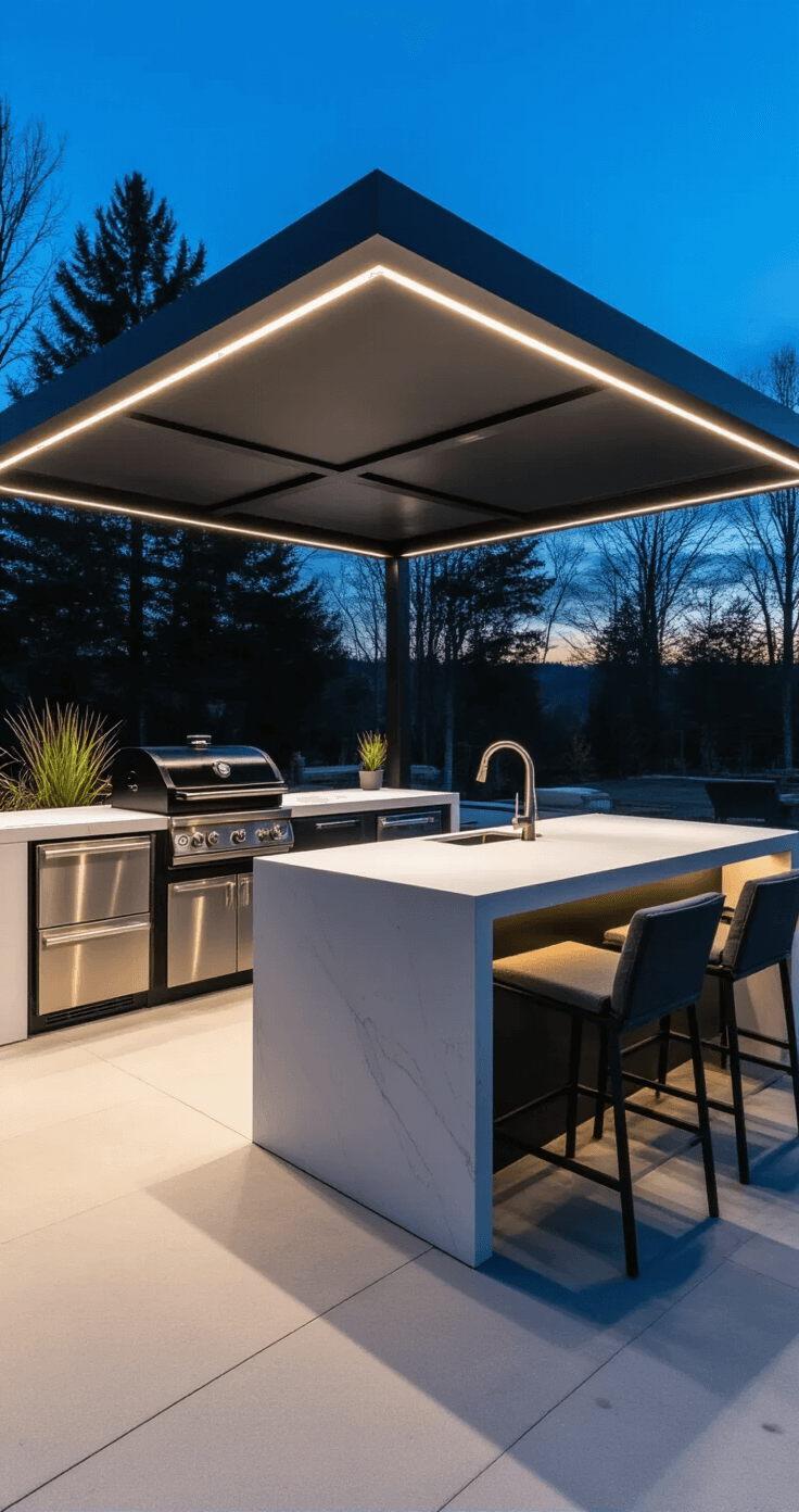 Low-angle view of a modern outdoor pavilion kitchen at twilight, featuring a fully extended matte black canopy, illuminated white quartz waterfall countertop, stainless appliances, minimalist bar seating with charcoal cushions, and concrete flooring, all captured at a 30-degree angle in a moody atmosphere.