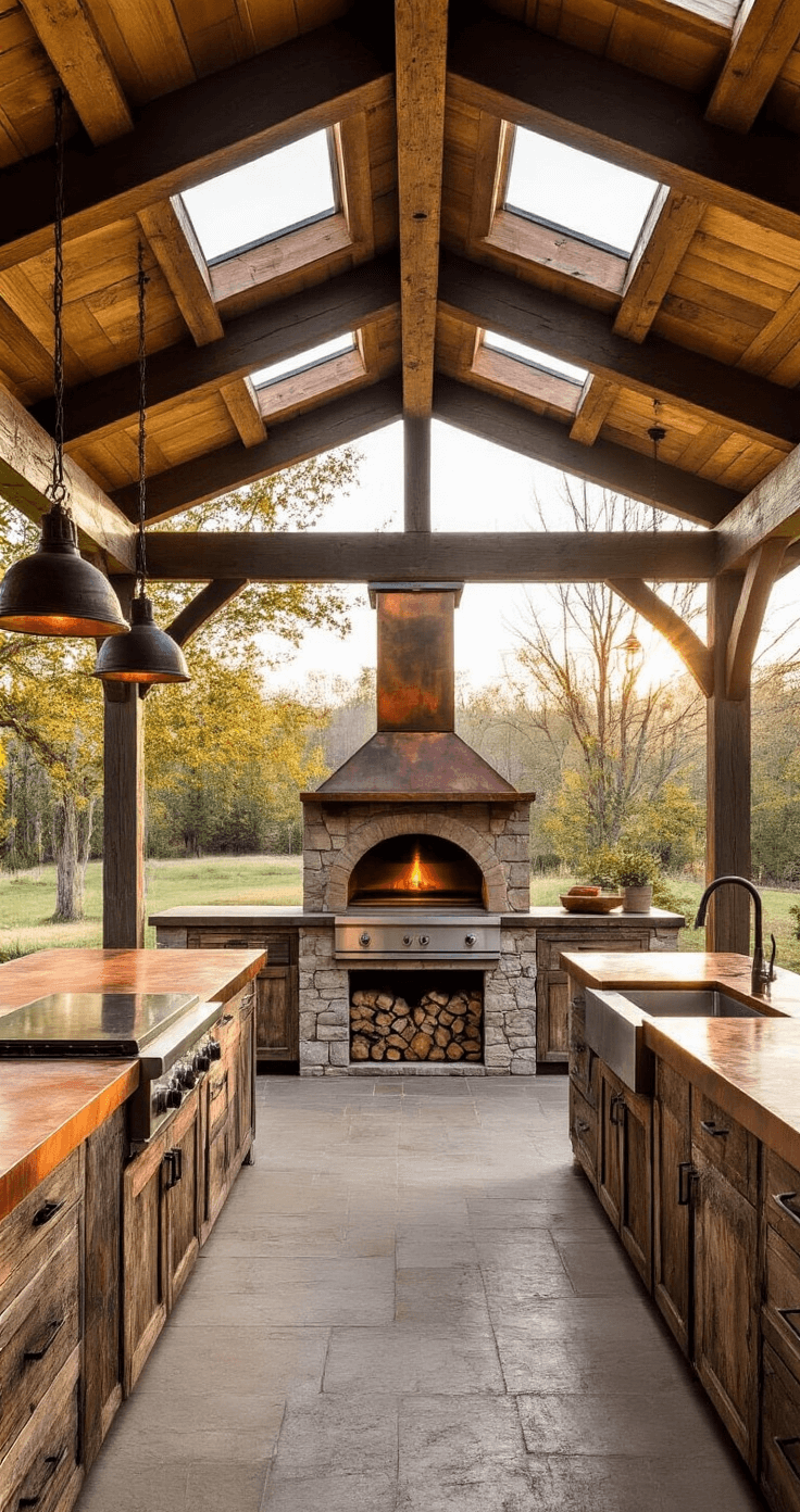 Eye-level view of a rustic-industrial outdoor kitchen under a timber-framed pavilion, featuring distressed copper countertops and reclaimed barn wood cabinets, with a commercial-grade pizza oven as the focal point, illuminated by morning light through skylights.