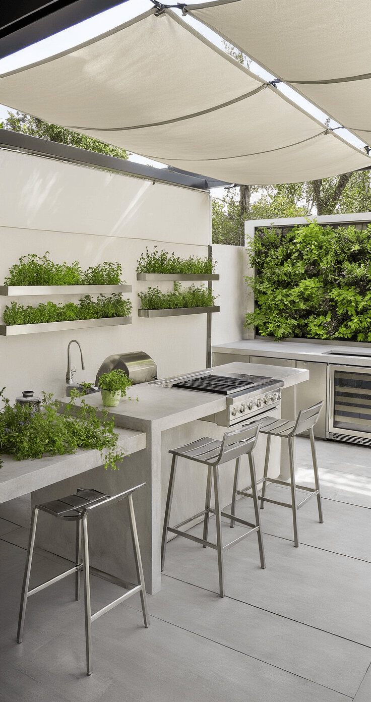 Corner perspective of a contemporary outdoor kitchen featuring a retractable fabric canopy, polished concrete counters with a gas cooktop and ice maker, stainless steel shelves displaying herbs, modern brushed aluminum bar stools, and a vertical garden wall, all bathed in soft, diffused light.