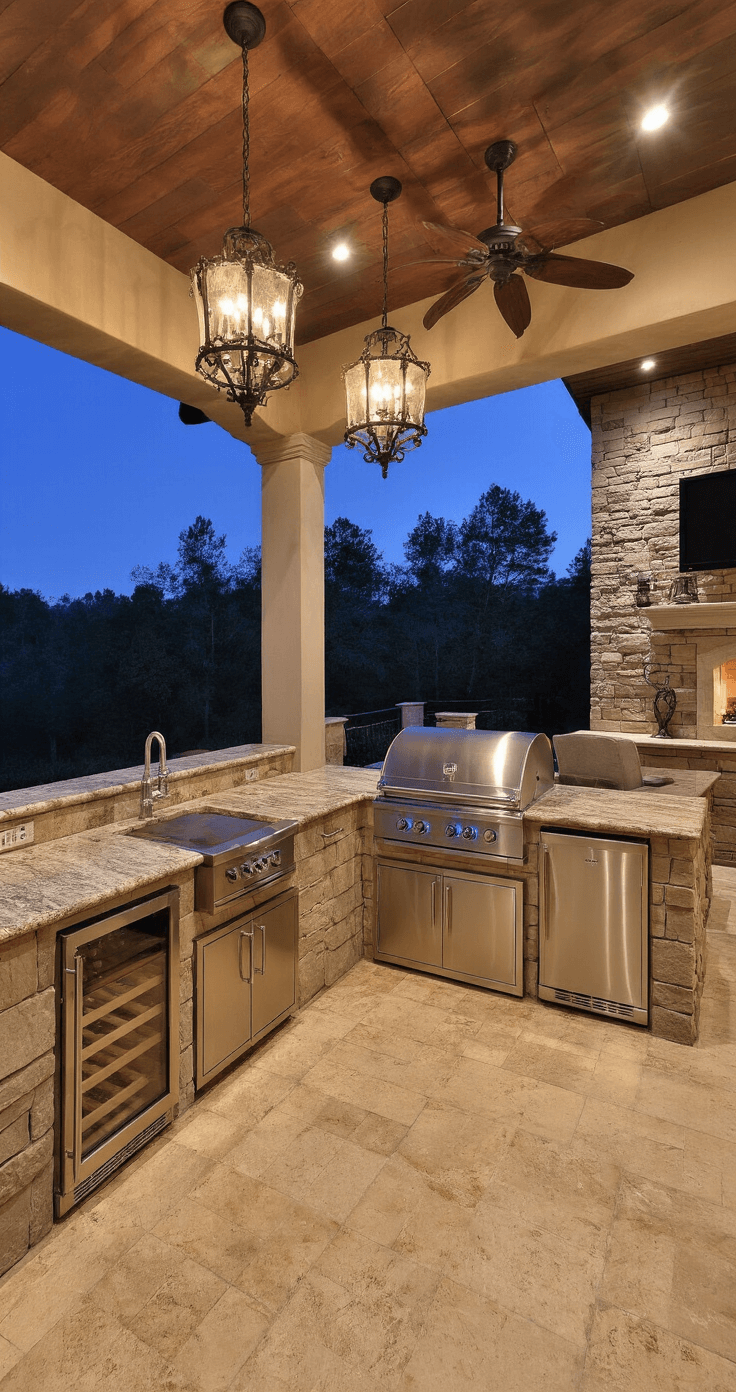 A dynamic outdoor entertainment kitchen under a vaulted pavilion at dusk, featuring double islands with leathered granite tops, a full appliance suite, travertine flooring, and a stacked stone accent wall with a mounted TV, illuminated by warm chandelier lighting.