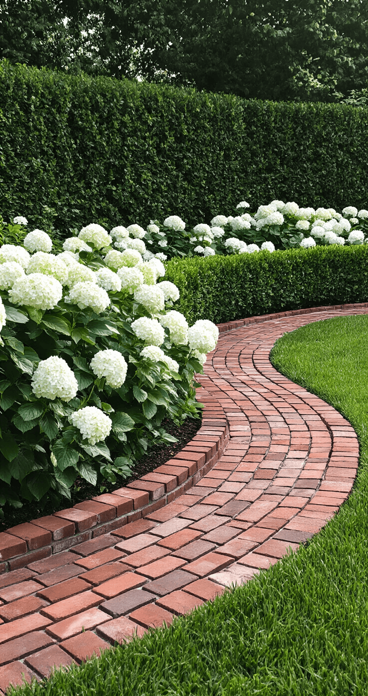 A curved garden bed with herringbone pattern brick edging in vintage reds and browns, surrounded by white hydrangeas and boxwood, illuminated by soft overcast morning light.