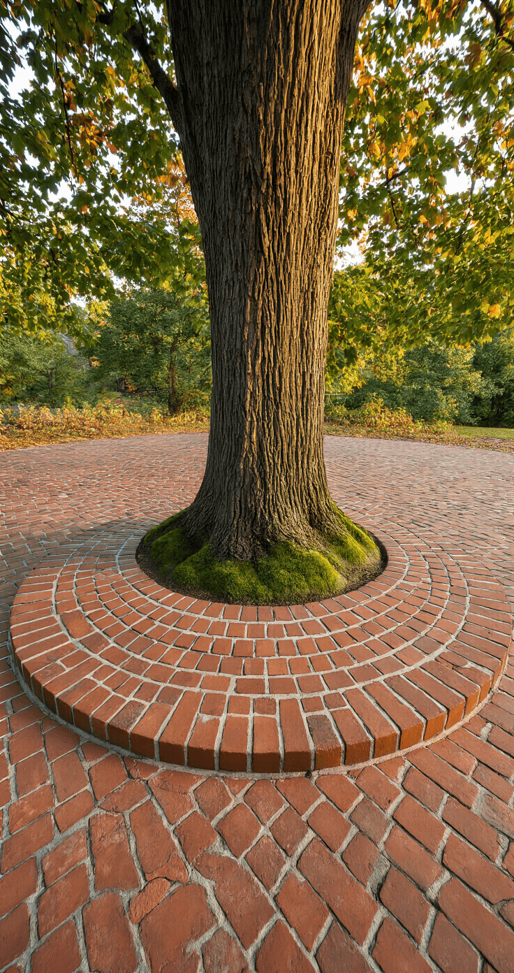 Close-up shot of circular brick edging around a mature maple tree, featuring antique clay bricks in rich browns, with side lighting highlighting the tree trunk's copper hue and deep green moss, captured at a 45-degree angle with a shallow depth of field.