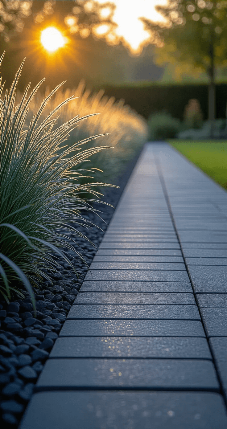 Dawn light illuminates a modern minimalist garden border featuring a 40-foot straight run of flat charcoal-colored brick edging, with steel-blue ornamental grasses creating a rhythmic contrast. Morning dew adds a subtle sparkle, captured from ground level to emphasize clean lines and perfect horizontal alignment.