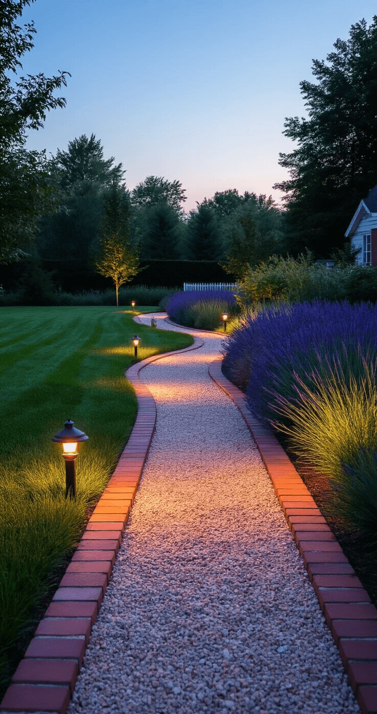 Twilight garden scene showcasing a diagonal brick pattern edging illuminated by warm landscape lighting, with a sand-colored brick transition from lawn to gravel path, bordered by lavender. The blue hour ambient light blends with artificial warmth in an elevated front-three-quarter view.