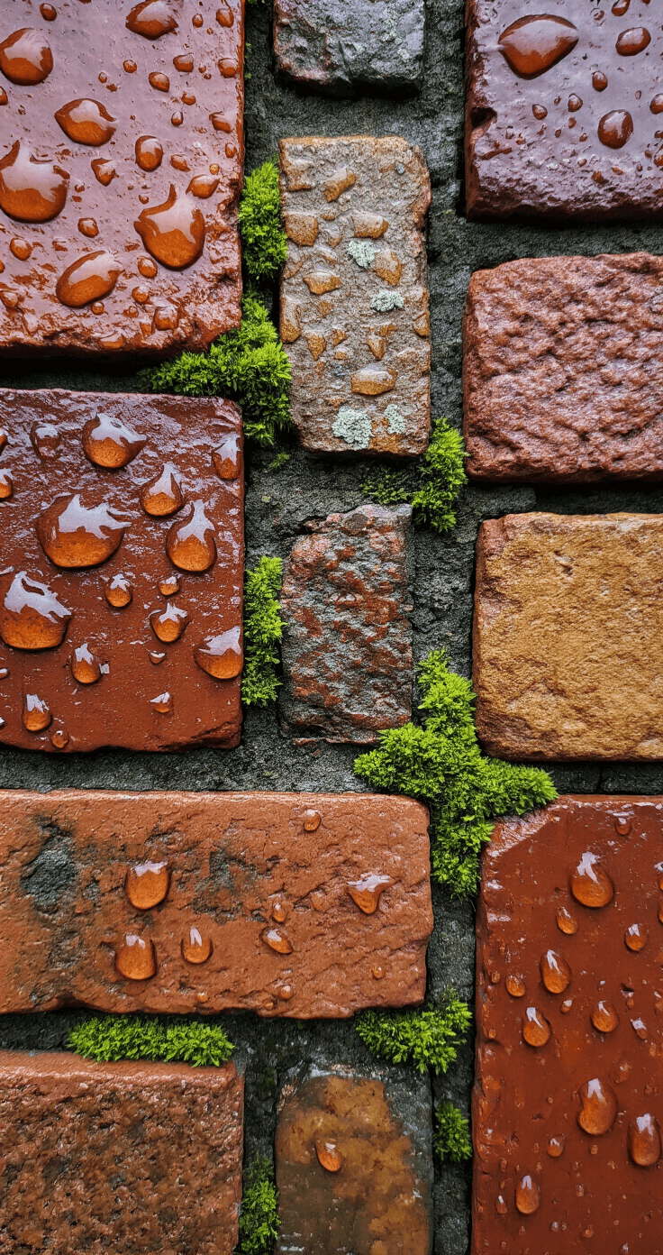 A detailed overhead shot of textured reclaimed brick edging on a rainy day, showcasing water droplets on bricks in deep red and weathered tan, with vibrant emerald moss in the joints, all under moody natural lighting.