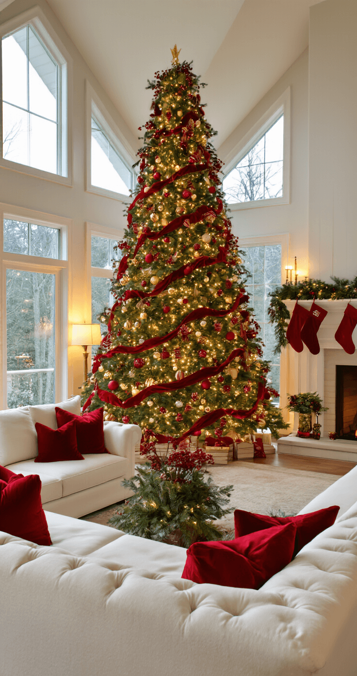Red Christmas Tree Decorations: A Festive Guide to Glamour and Tradition A spacious living room during early evening, featuring a large decorated Christmas tree and a cozy fireplace, illuminated by warm ambient lighting.