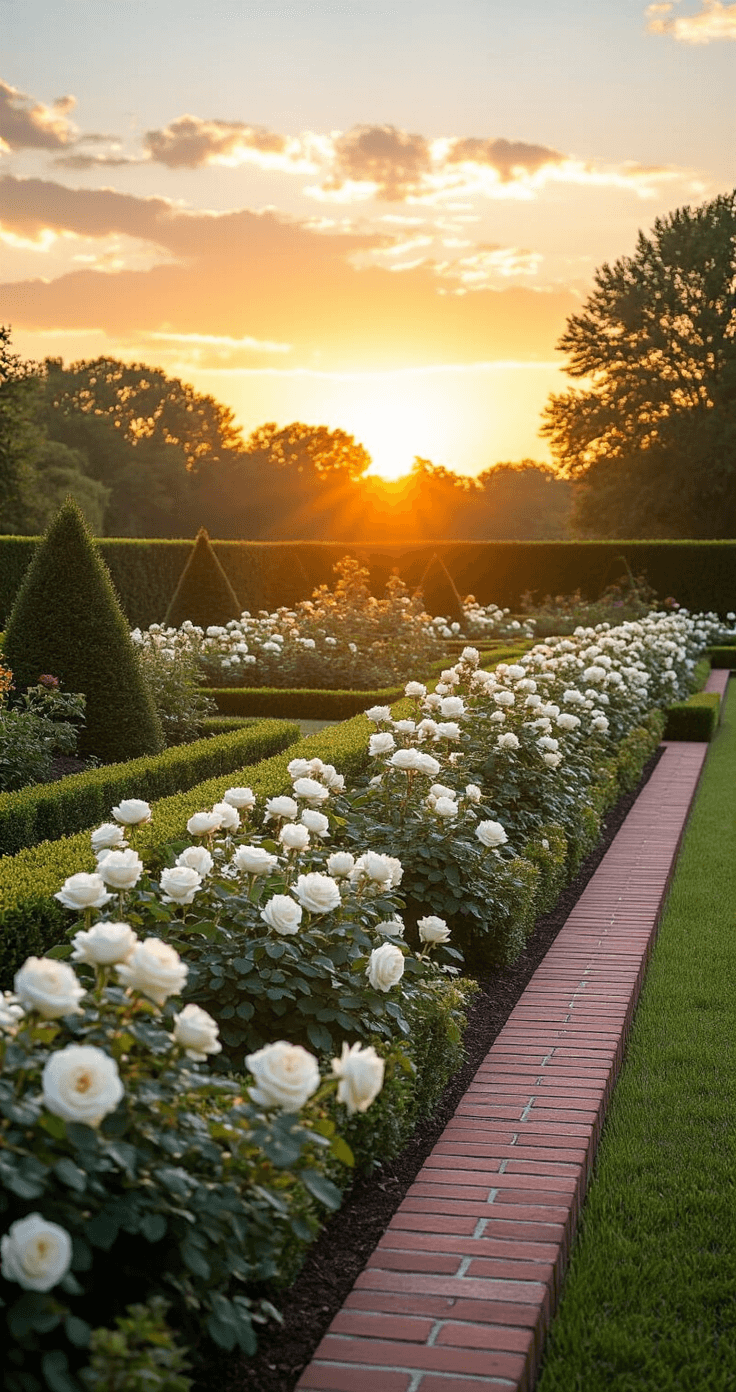 Golden sunset casts a warm glow on a formal garden border edged with double-course brick, showcasing white roses and boxwood parterre in a 30-foot raised border, with rim lighting accentuating the plants' details.