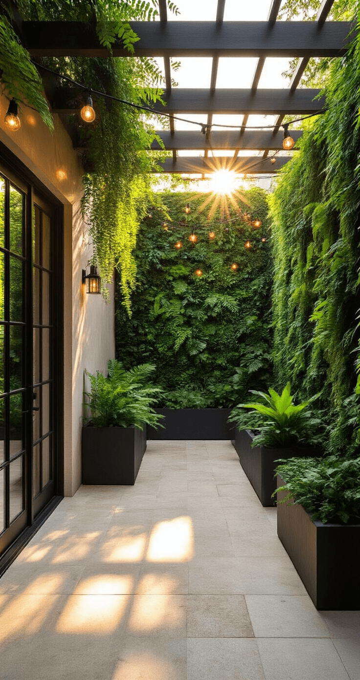 Intimate courtyard during golden hour, featuring sunlight filtering through pergola slats onto light limestone pavers, with a vertical garden wall of cascading ferns and philodendrons, modern charcoal planters in the corners, and overhead copper string lights, all captured with a soft depth and atmospheric light.