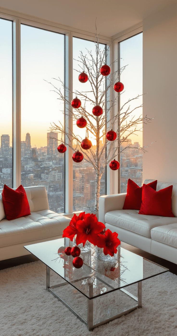 A compact urban apartment living area featuring floor-to-ceiling windows revealing city lights at golden hour, illuminated by sunlight. The space includes a modern white leather sofa with red accent pillows, a glass coffee table adorned with a centerpiece of red amaryllis, and a slim artificial tree decorated with large red mercury glass ornaments and silver tinsel, all creating a chic, contemporary atmosphere with high contrast between the decor and the city backdrop.