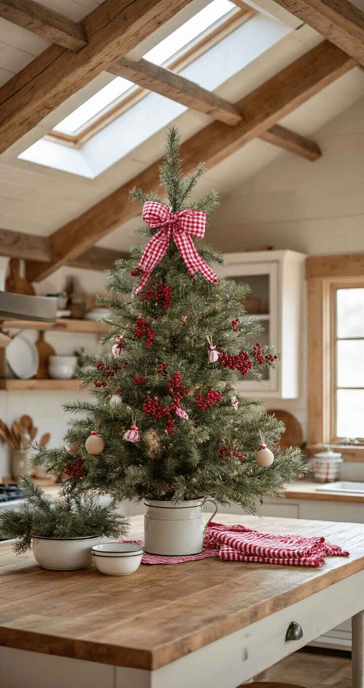 A rustic farmhouse kitchen featuring exposed wooden beams and a central island, bathed in bright natural light. A decorated 7-foot pine tree with red and white gingham ribbons stands in the corner, surrounded by vintage enamelware filled with evergreen branches. Red and white striped dish towels are visible, creating a warm, homey atmosphere.