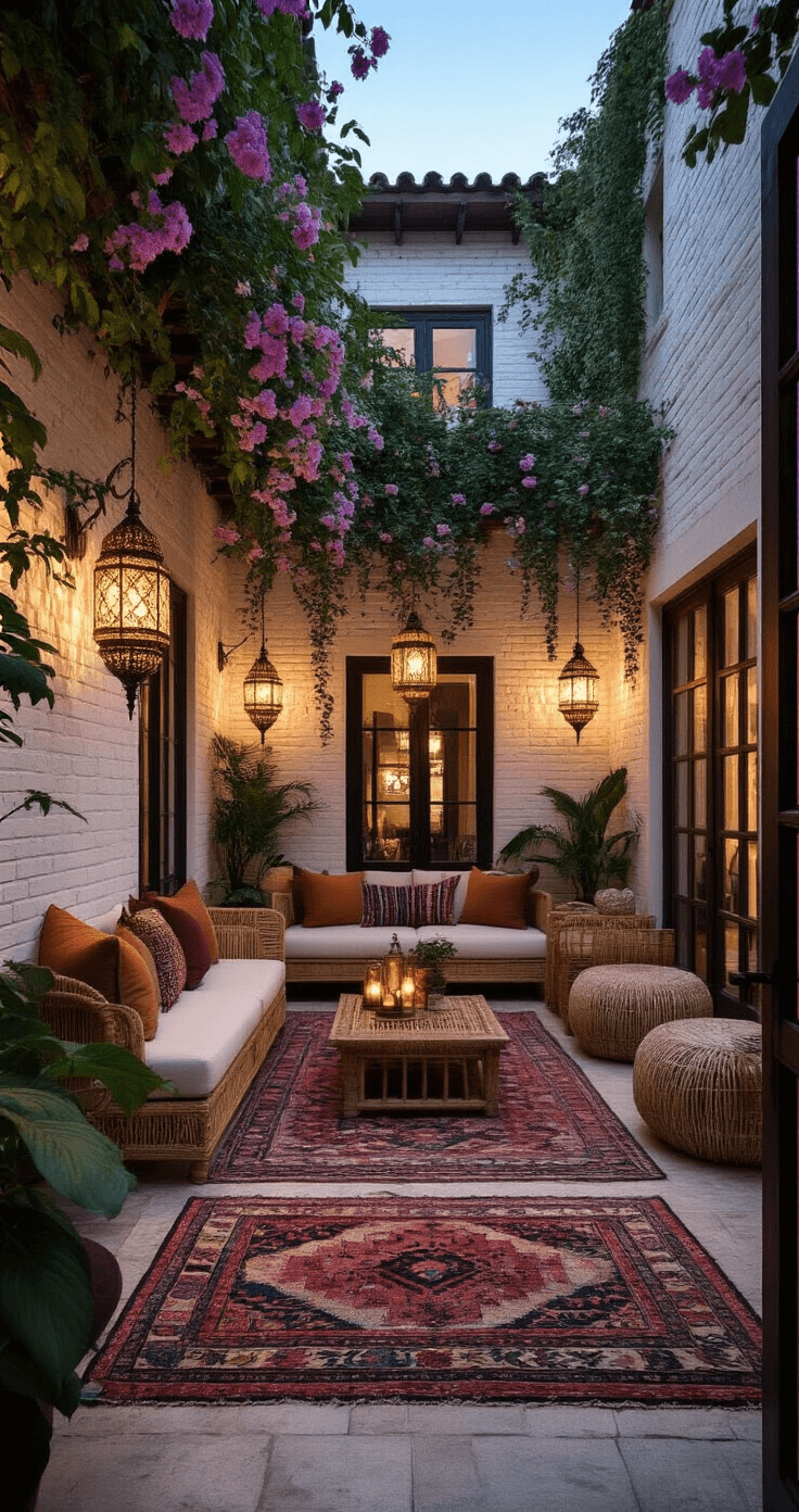 Eye-level view of a cozy bohemian courtyard at dusk, featuring whitewashed brick walls adorned with flowering jasmine, Moroccan lanterns casting intricate patterns, and a seating area defined by layered Turkish rugs and low-slung rattan furniture, accented with rich jewel-toned textiles.