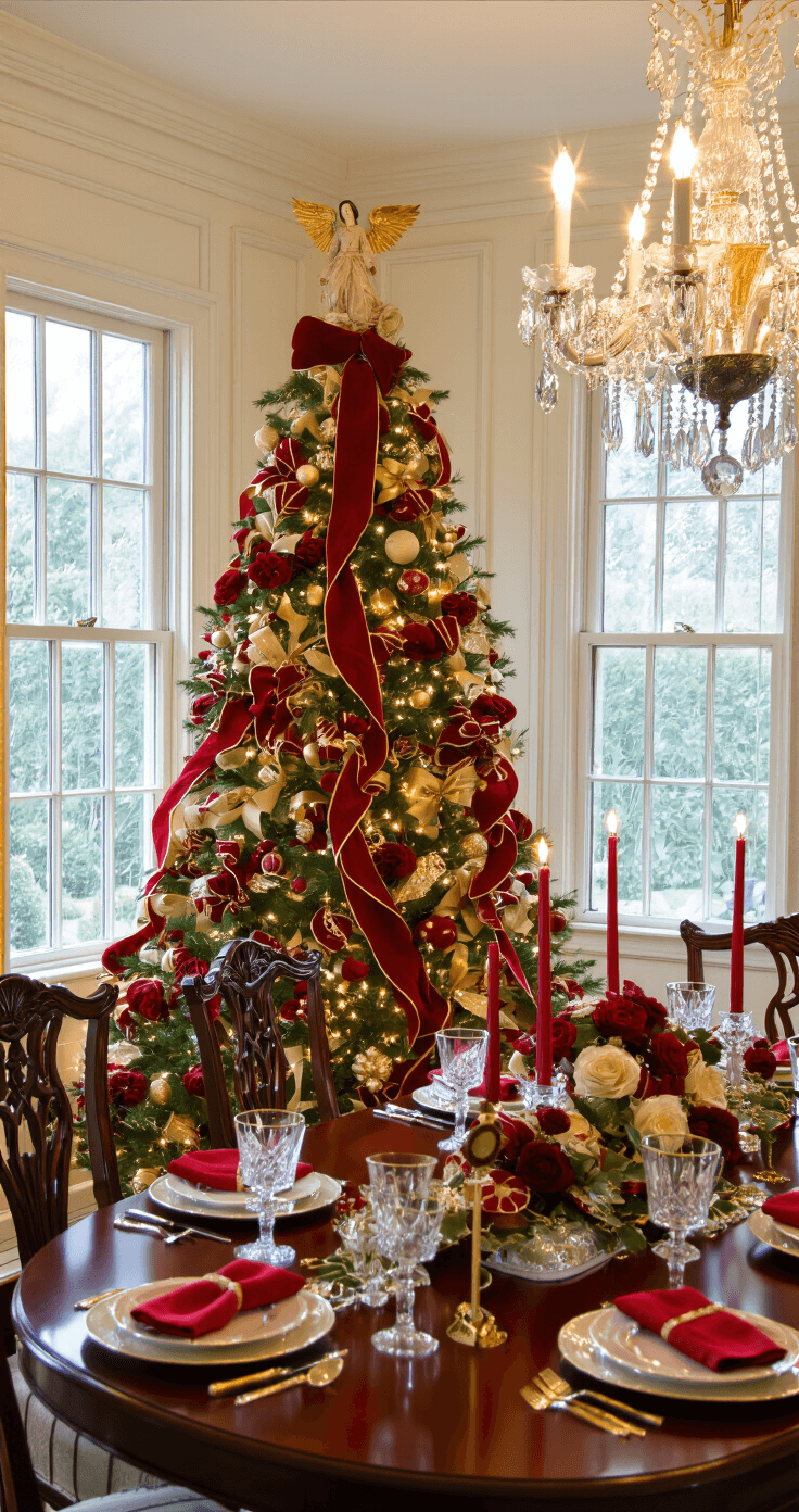 A luxurious formal dining room featuring wainscoting and a dimmed crystal chandelier, illuminated mainly by candles. An 8-foot Noble fir adorned with red and gold ornaments and a golden angel topper stands center stage, flanked by two windows. A mahogany dining table is elegantly set with fine china, crystal, and red tapered candles, creating an intimate, warm ambiance. A close-up of the tree showcases its intricate decorations and ribbon details.