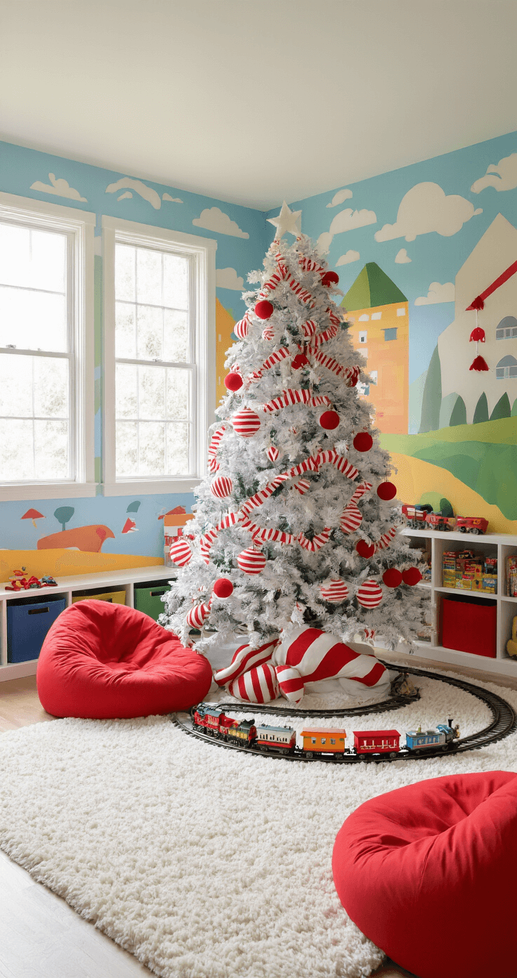 Brightly colored children's playroom featuring whimsical wall murals, built-in storage, and a 6-foot decorated tree with oversized ornaments. Cheerful afternoon light fills the space, illuminating red bean bag chairs, a white shag rug, and a toy train set circling the tree. The scene conveys a playful, joyful atmosphere.