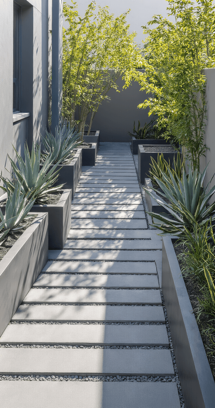 Modern minimalist courtyard featuring charcoal concrete pavers, raised steel planters with agave and snake plants, and a monochromatic gray palette with steel blue accents, captured from an elevated angle at noon, highlighting sharp shadows and clean lines.