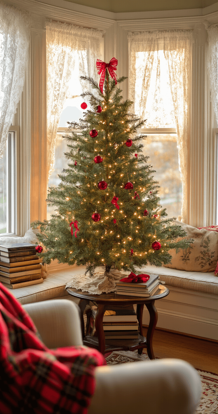 Cozy reading nook in a Victorian-style home featuring bay windows, a window seat, and warm golden light. A 5-foot tabletop Christmas tree with vintage red glass ornaments and warm white lights sits on an antique side table, with an overstuffed armchair and a red plaid throw nearby. Books are stacked on the windowsill, creating a nostalgic and tranquil atmosphere.