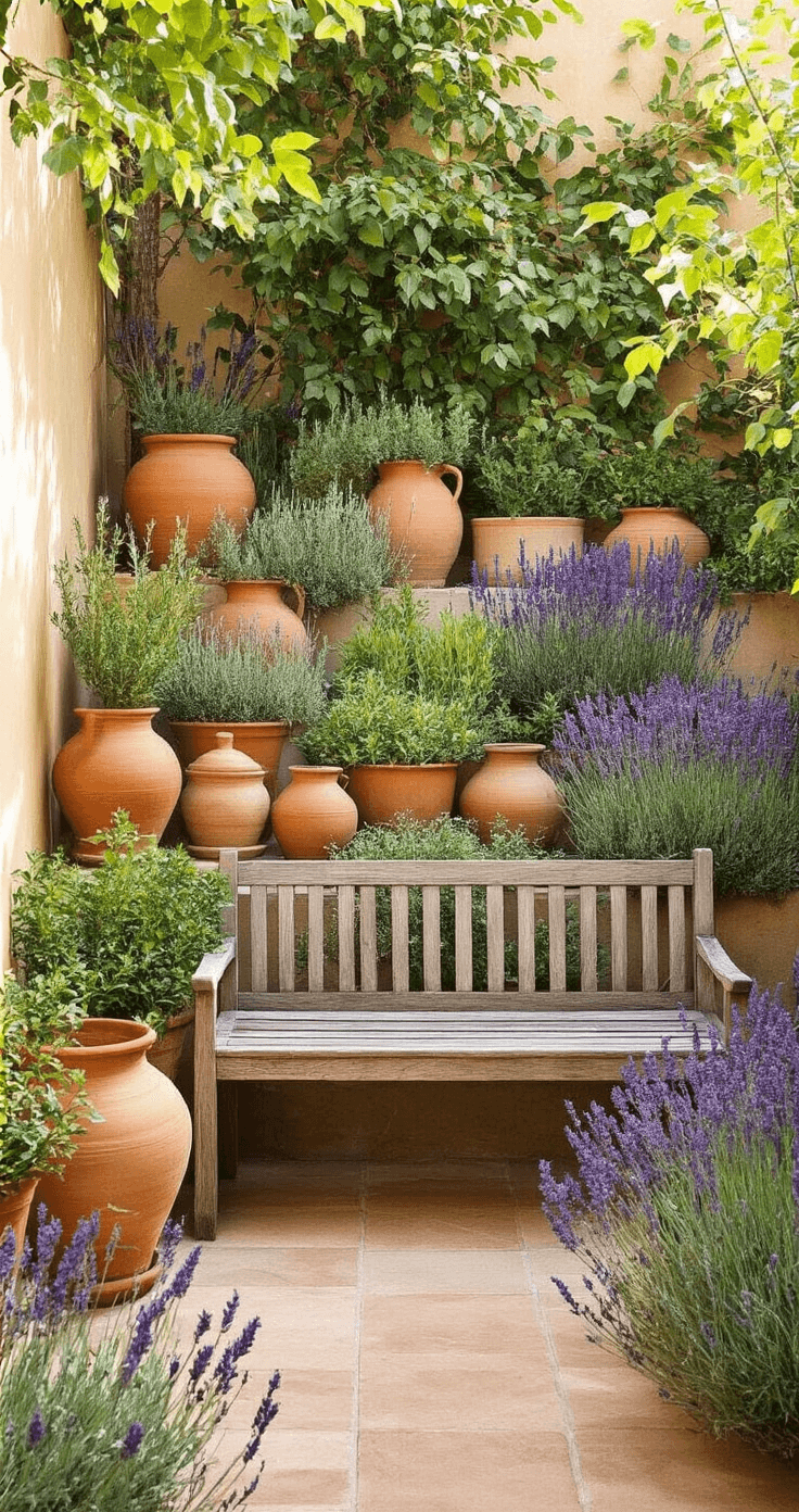 A tranquil courtyard garden featuring a mix of terra cotta pots filled with Mediterranean herbs and lavender, arranged at different levels. A weathered wooden bench is centrally placed, surrounded by warm earth tones and purple accents, all illuminated by soft morning light.