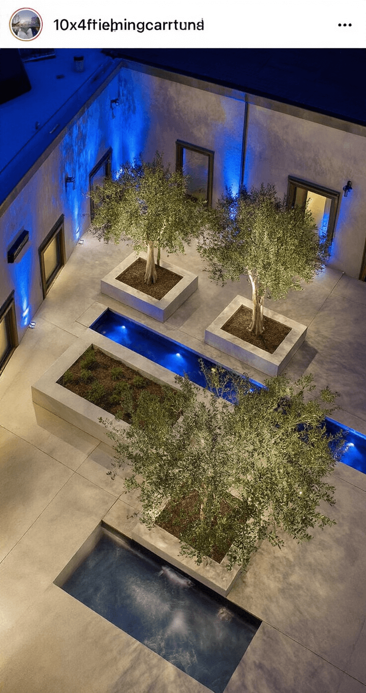 Aerial view of a 10x14ft nighttime courtyard featuring sculptural olive trees in large cement planters, with LED uplighting and an illuminated water channel dividing the space. Polished concrete flooring reflects cool blue lighting for a moody atmosphere, while long exposure captures the movement of water.