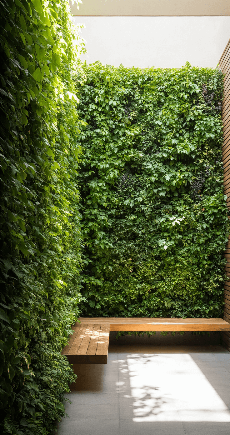 Low angle shot of a sunlit courtyard featuring a lush living wall with trailing vines and compact perennials, a floating wooden bench integrated into the greenery, and dappled morning light casting dynamic shadows, highlighting the fresh green palette and natural wood tones.
