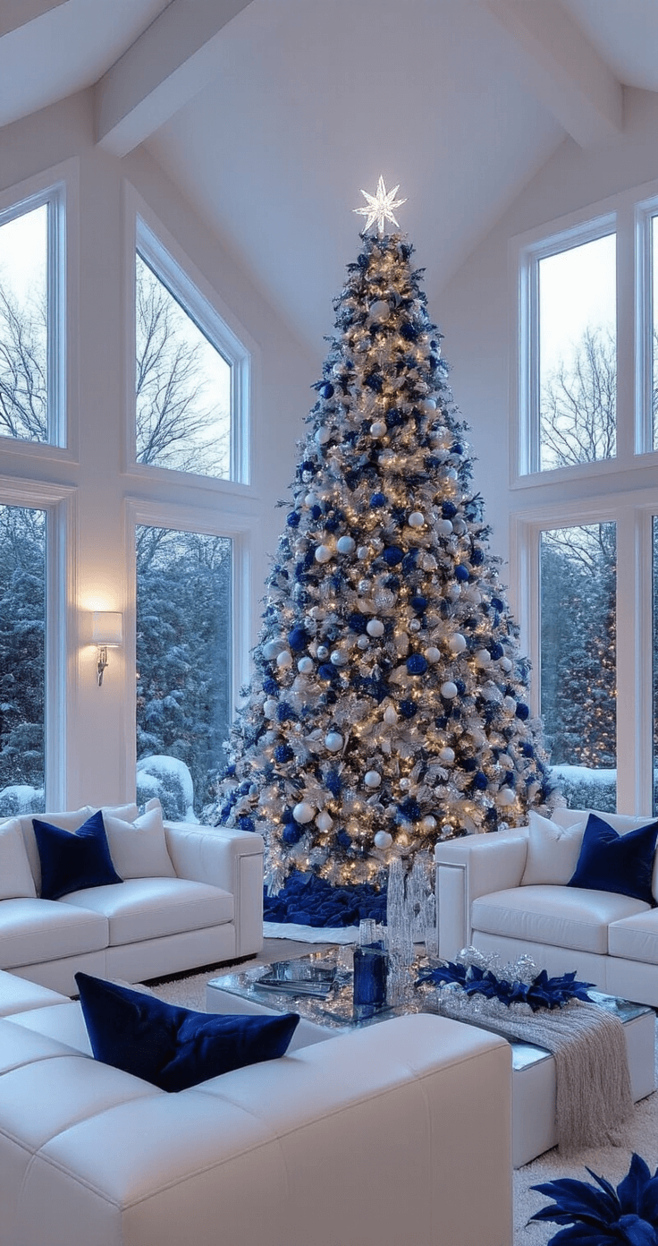 A spacious living room with vaulted ceilings and large windows, featuring a 9-ft flocked Christmas tree in navy, ice blue, and silver. Warm ambient lighting mixes with cool blue tree lights, illuminating a white leather sectional and decorative elements, including blue poinsettias and silver accents, creating a cozy and elegant atmosphere.