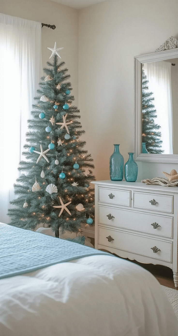 Intimate bedroom featuring a slim blue spruce tree decorated in coastal colors, with soft morning light filtering through sheer curtains, white bedding, and a large mirror reflecting the tree.