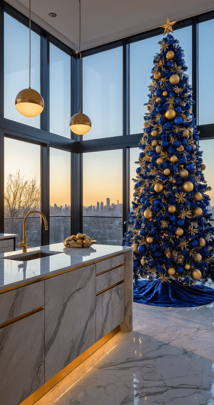 A modern open-concept kitchen and dining area featuring floor-to-ceiling windows, with golden hour light illuminating a 7-ft slim artificial tree adorned with deep blue and gold ornaments, including oversized gold baubles and blue-tinted lights. A marble island with gold accents complements the tree, reflecting its colors in the window.