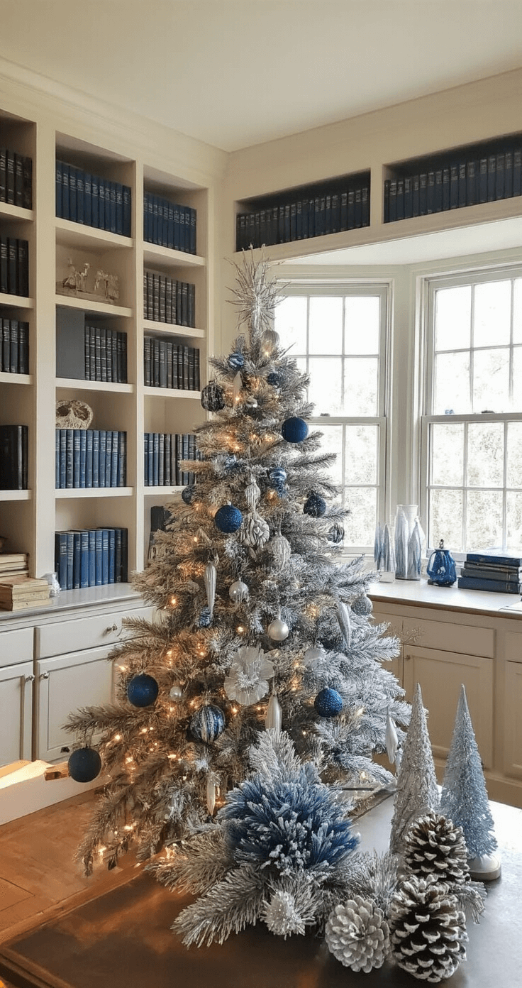 A cozy home office featuring built-in bookshelves and a bay window, illuminated by natural light and warm desk lamps. A 5-ft decorated tabletop tree in shades of blue and silver sits on a vintage desk, surrounded by frosted pine cones and icicle ornaments. The scene combines a festive atmosphere with a studious vibe, showcasing books with blue spines on the shelves and a wide-angle view from the corner.