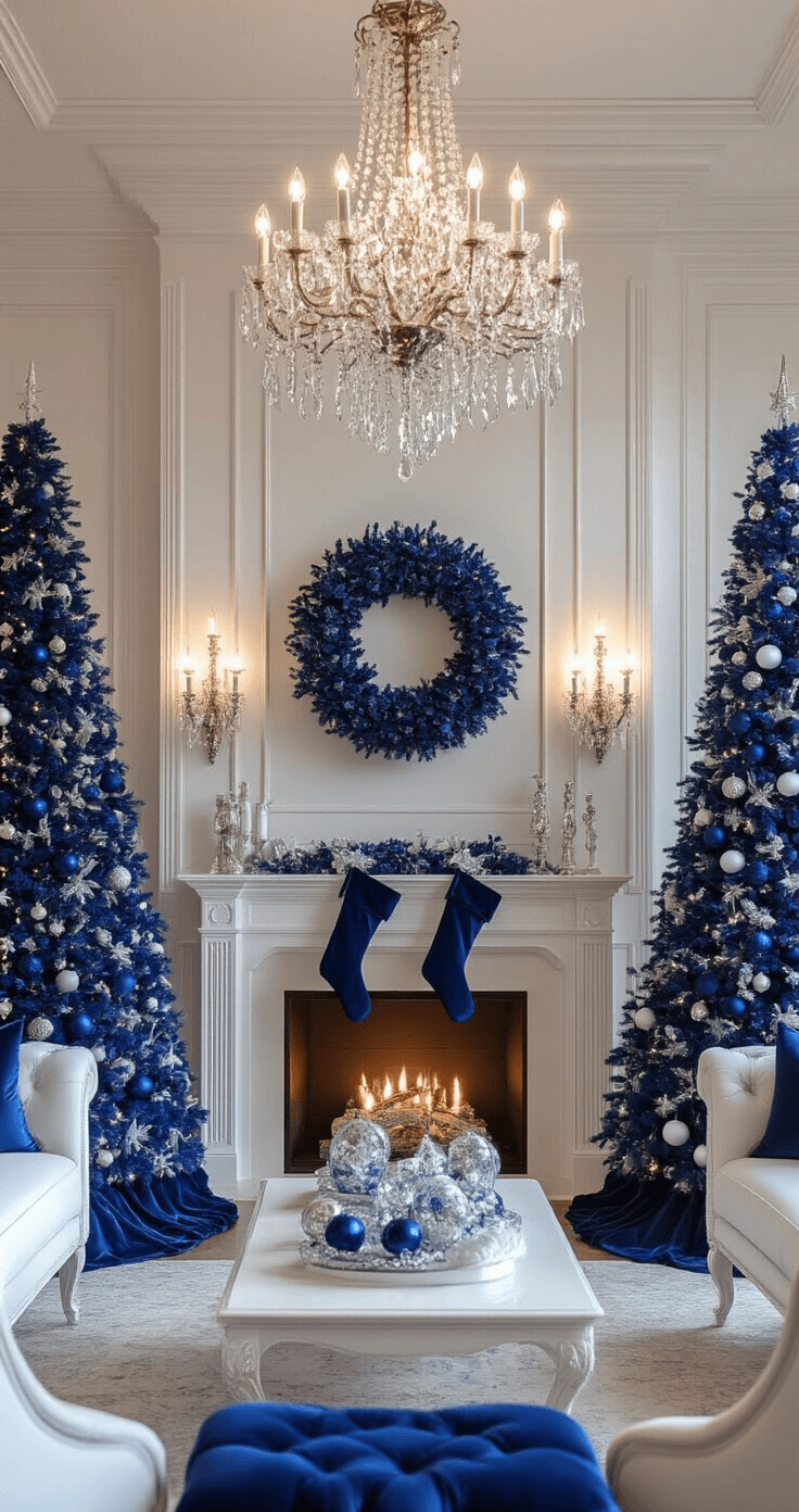 A grand formal living room at dusk, featuring classic architectural details, two towering decorated trees in monochromatic blue tones flanking a large fireplace, with a warm glow from a chandelier and wall sconces, luxurious ribbons, crystal ornaments, and blue stockings hanging from the mantle amidst white furniture and blue accents.