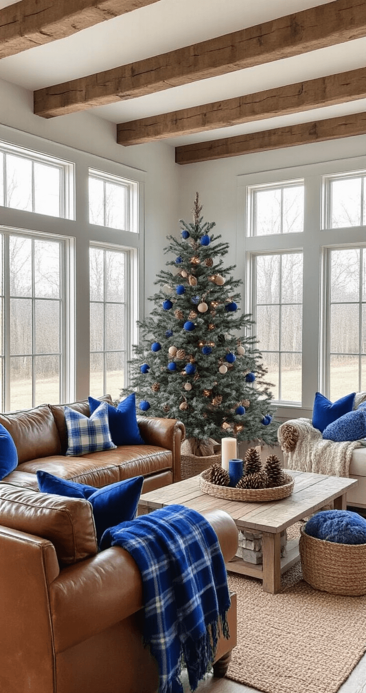 A cozy rustic-chic family room featuring exposed wooden beams, a 7-ft natural pine tree adorned with blue-toned ornaments and burlap accents, and a leather sofa with blue plaid throws, illuminated by soft morning light filtering through frosted windows.