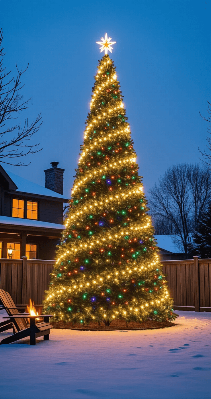 A towering 12-foot LED Christmas tree with white and multicolored lights stands in a snow-dusted yard at dusk, framed by a rustic wooden fence. Cozy Adirondack chairs and a fire pit create a welcoming seating area nearby, while warm light spills from the home's windows, contrasting with the deep blue twilight sky.