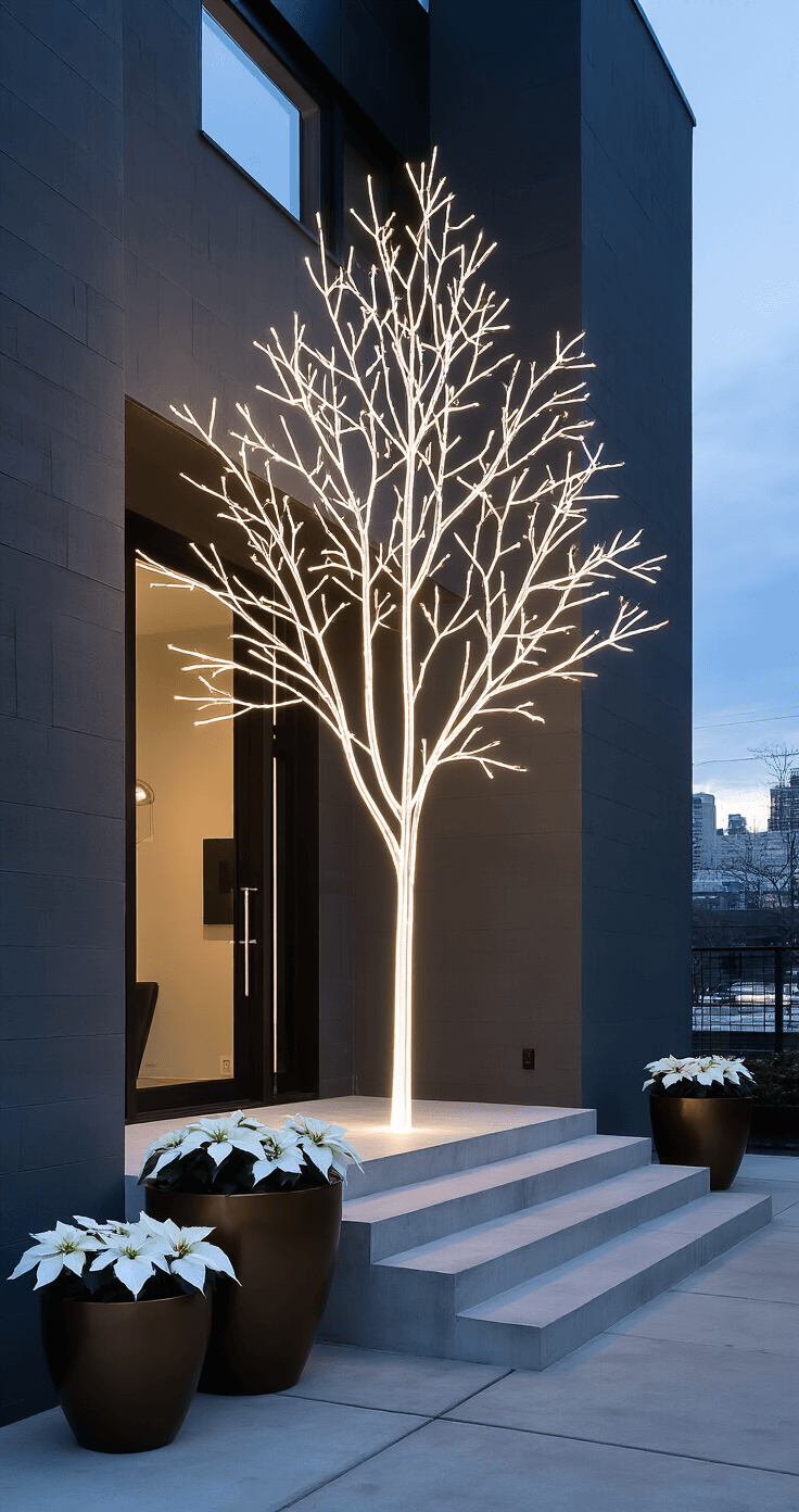 A minimalist tree silhouette light display adorns the facade of a modern townhouse, featuring an 8-foot tall wireframe tree outlined in white LEDs against dark gray walls. Wide concrete steps lead to a glass front door, flanked by oversized bronze planters with white poinsettias, all illuminated by the soft glow of ambient city light just after sunset.
