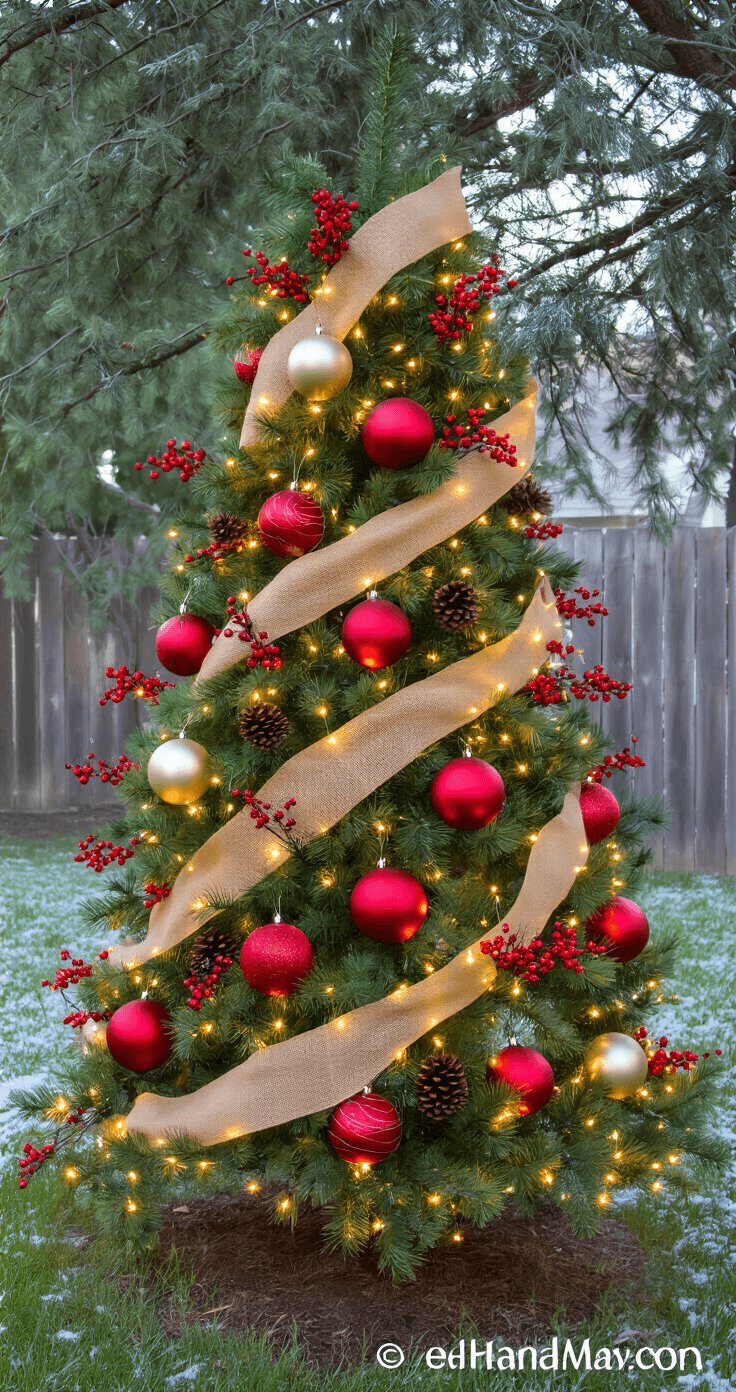A festive 10-foot pine tree in a suburban backyard, decorated with oversized red and gold ornaments, artificial red berries, pine cones, and a burlap ribbon, illuminated by warm white string lights and dusted with artificial snow, captured from a low angle to highlight its height.