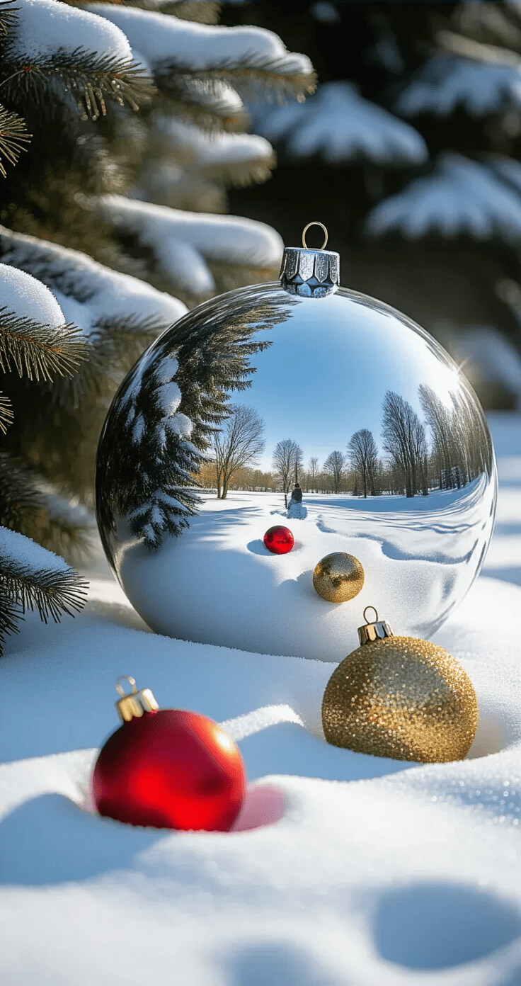 A whimsical display of three oversized ornaments on a snow-covered lawn: a reflective silver sphere, a matte red ball, and a glittery gold orb, partially nestled in snow with evergreen trees in the background, captured from eye-level in bright daylight.